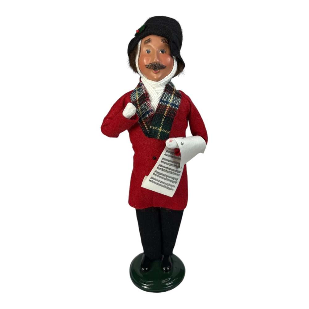 Byers' Choice Carolers Man Holding Sheet Music Red Coat Plaid Scarf Christmas